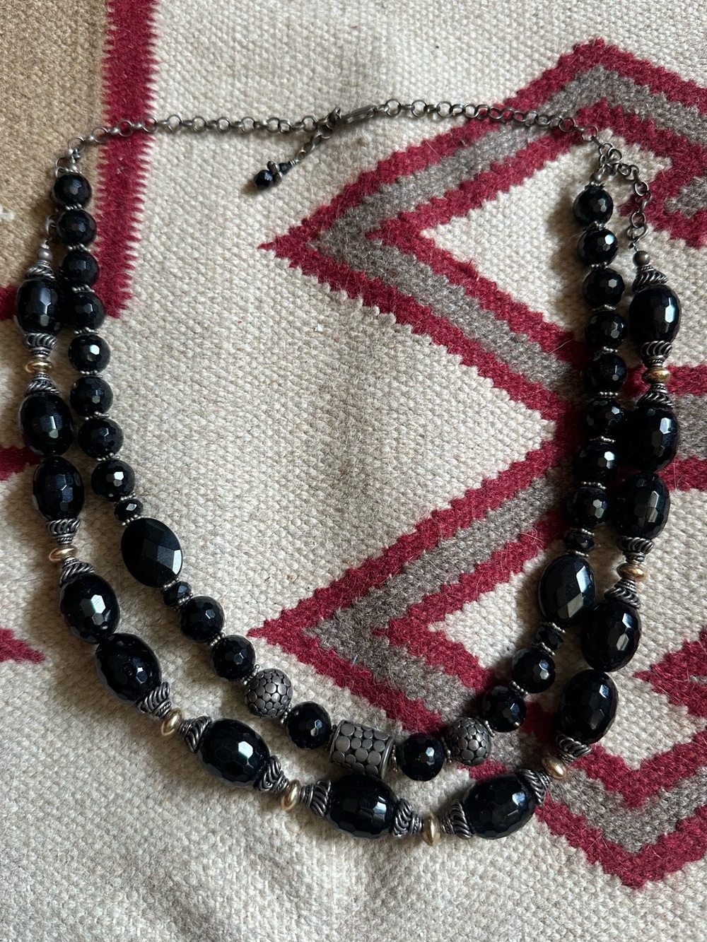 Vintage Faceted Onyx Sterling And 14k Gold Beaded Layered Necklace